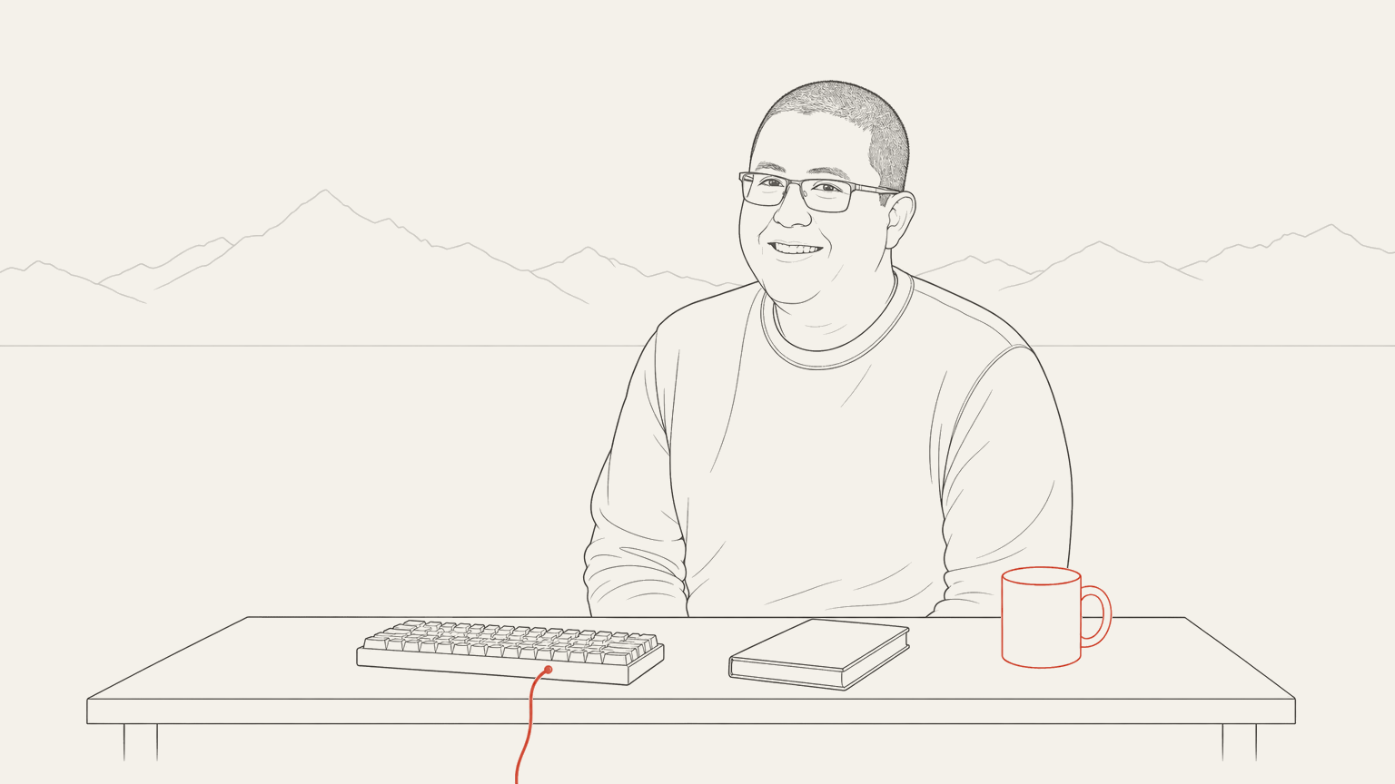 The person who writes the code, at the bench where it gets written: one keyboard, one notebook, one mug, and nothing else on the table.