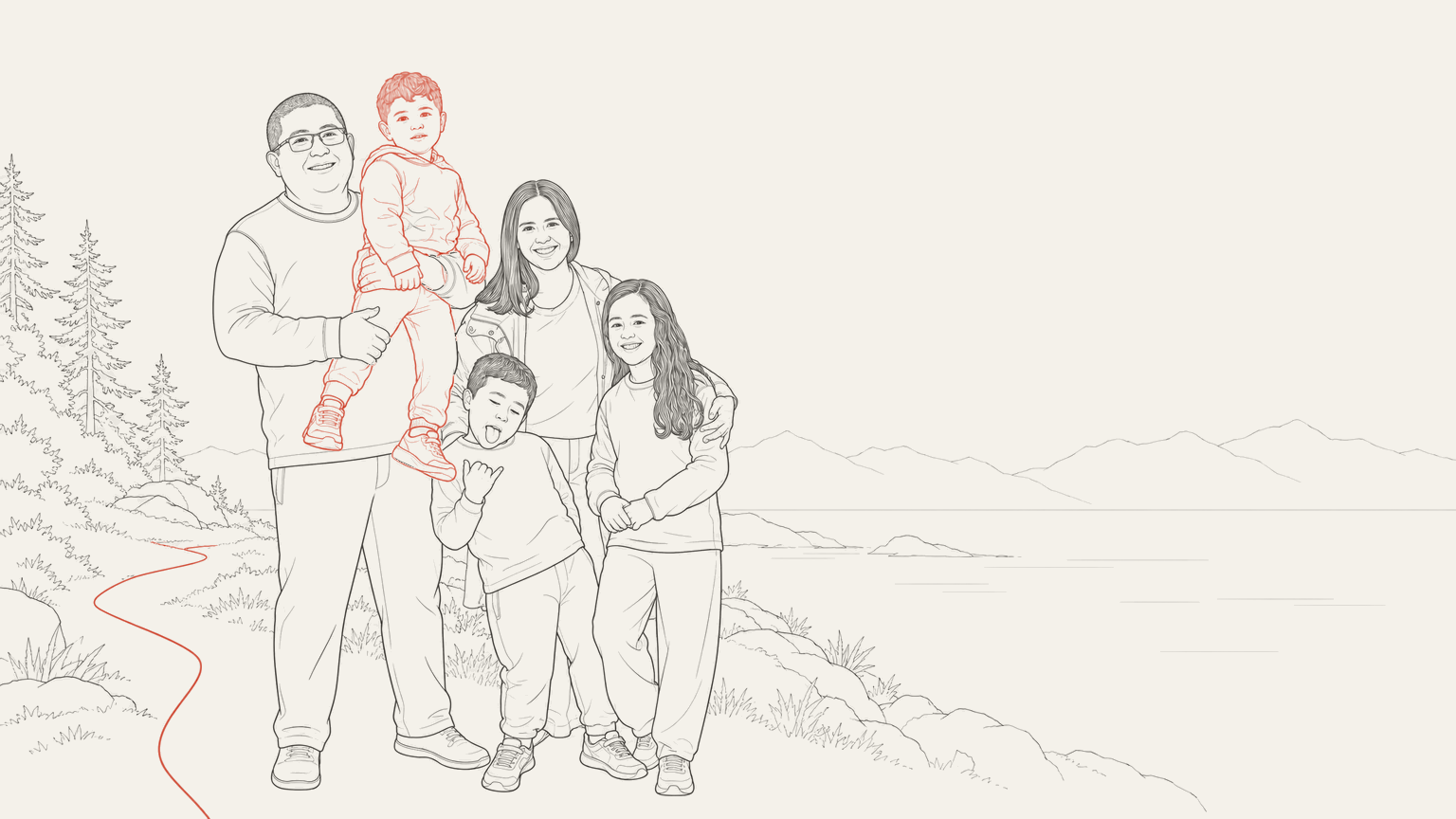A family of five standing close together on a coast trail.