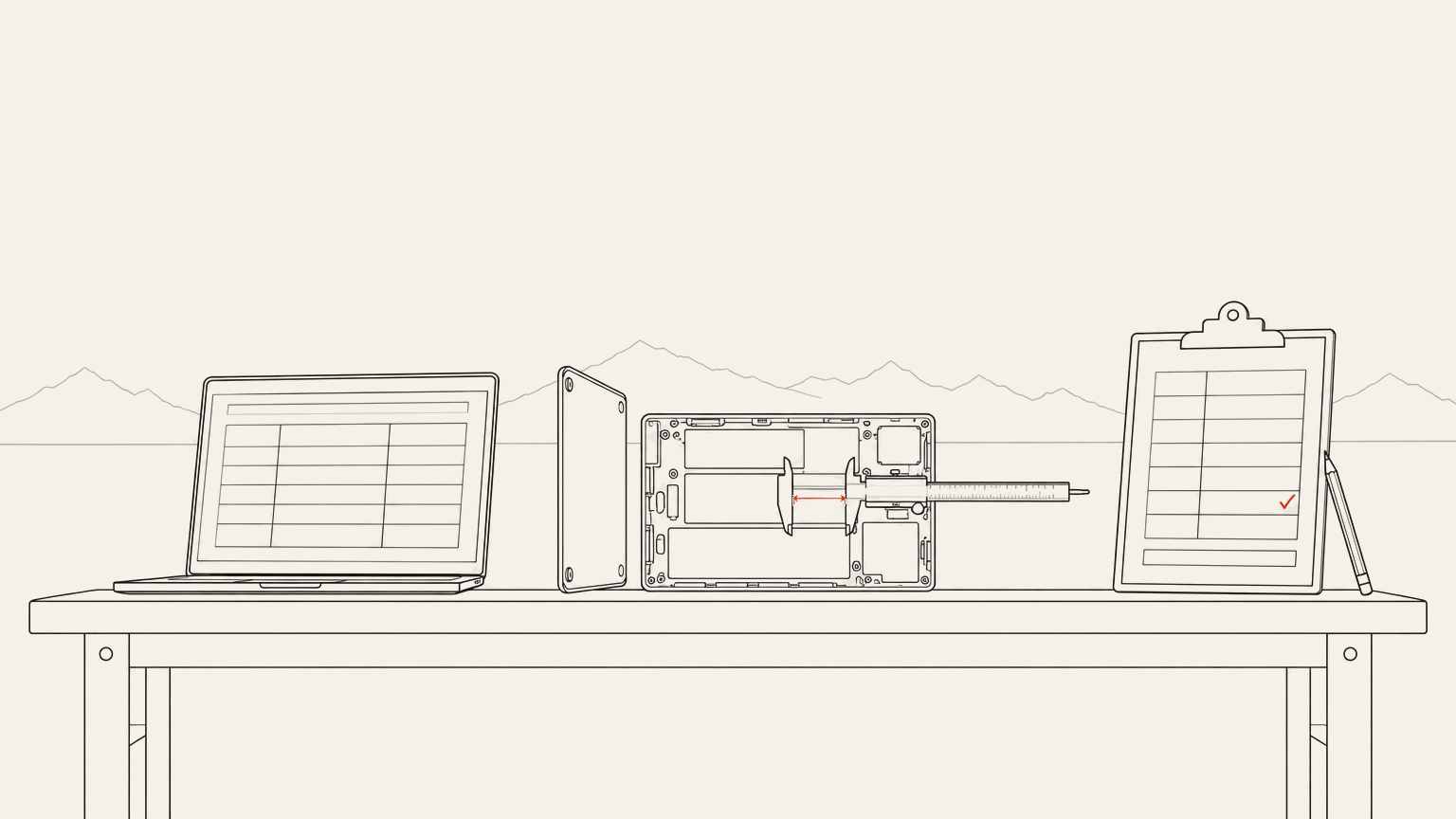 The laptop is open on the bench with its panel off and a caliper across the part being measured, and only then does a figure get written on the quote sheet beside it.