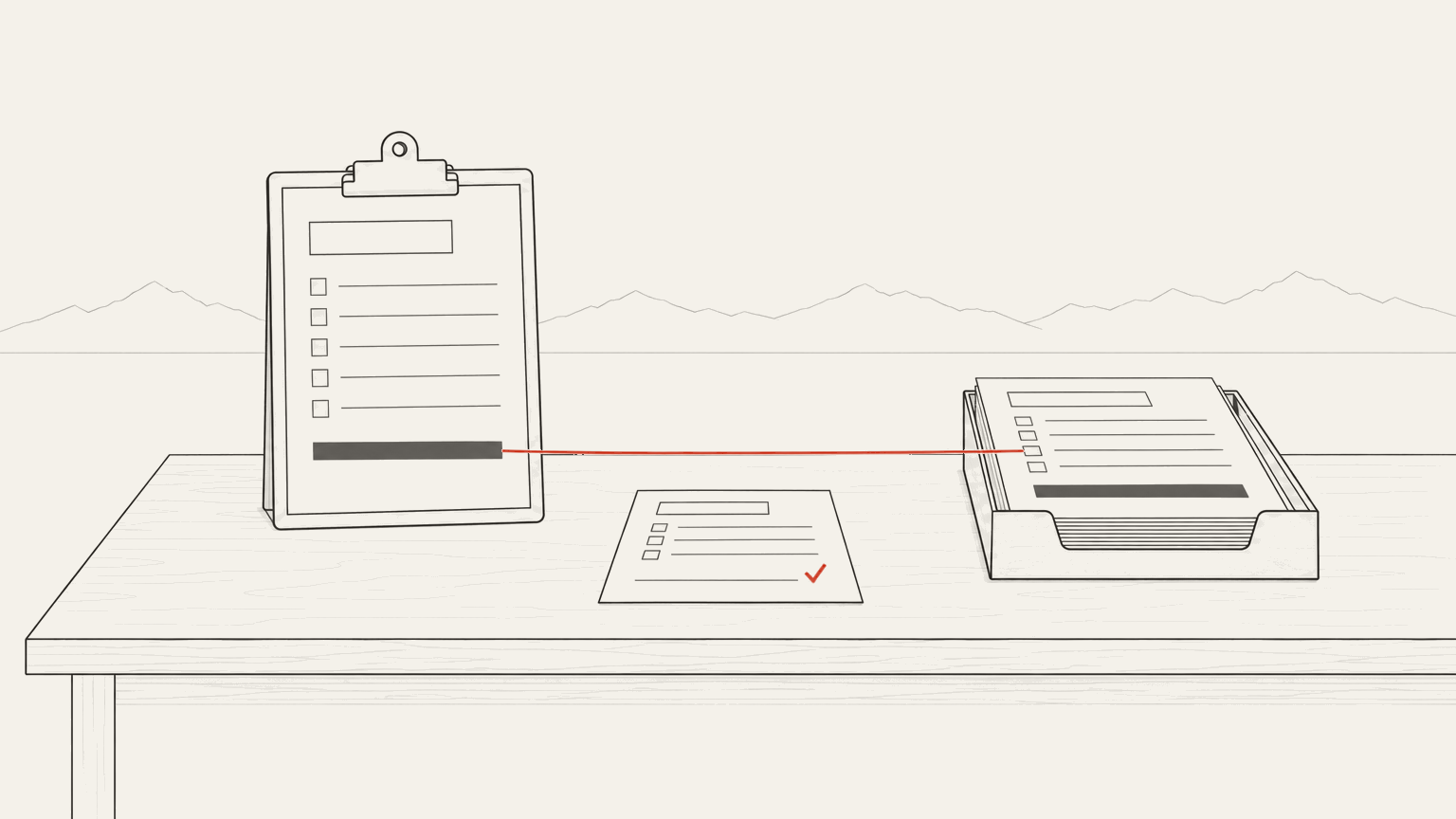 The same bar stands on the quote and on the invoice, tied by one red line; the change order is its own smaller slip on the desk between them.