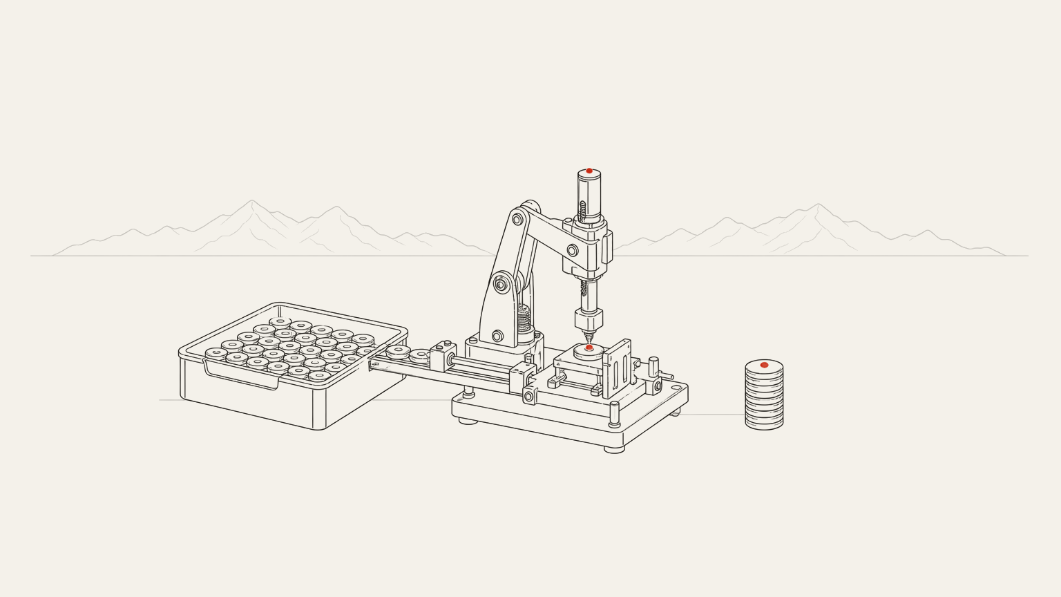 A small mechanism on a bench taking items one at a time from a full tray, working them, and stacking them finished on the other side.