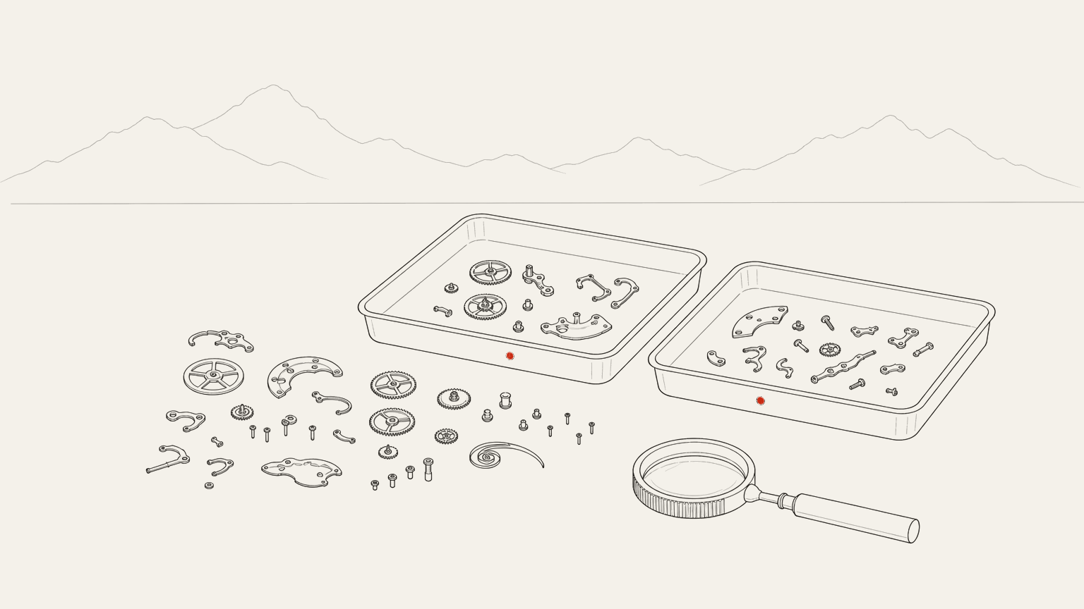 Parts on a bench being sorted into two trays, one marked and one plain, with a hand lens resting beside them.