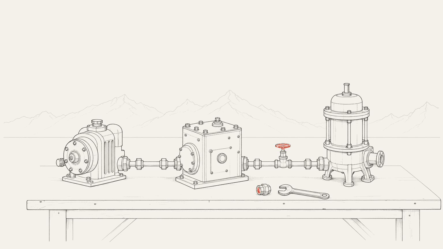 Three machines of different shapes standing apart along a bench, joined into one line by short runs of pipe with union couplings, a shutoff valve on the middle run and a spare coupling lying beside a spanner.