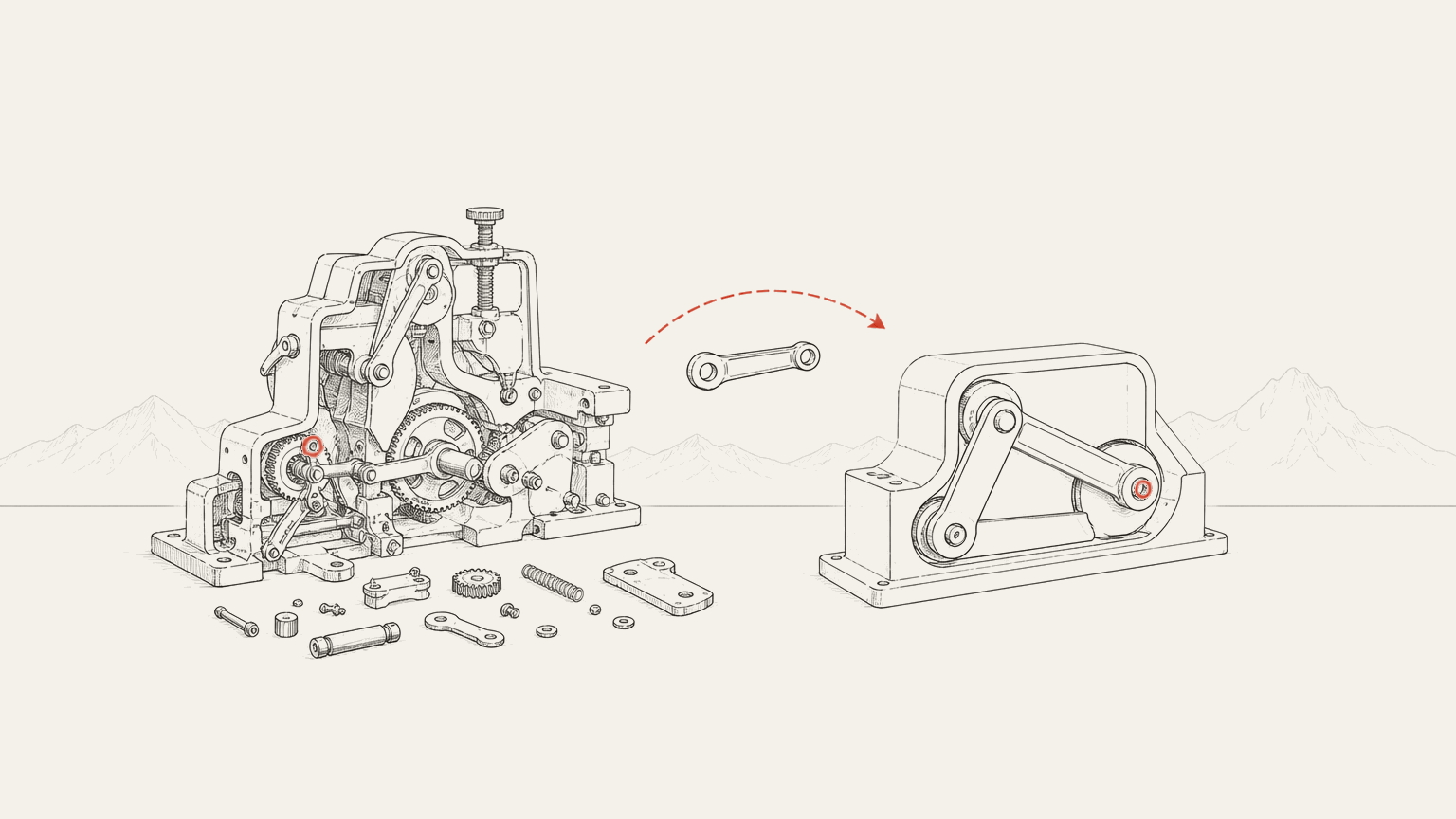 An old mechanism half dismantled on the left, and on the right the same function rebuilt as a cleaner and simpler mechanism, with one part being carried between them.