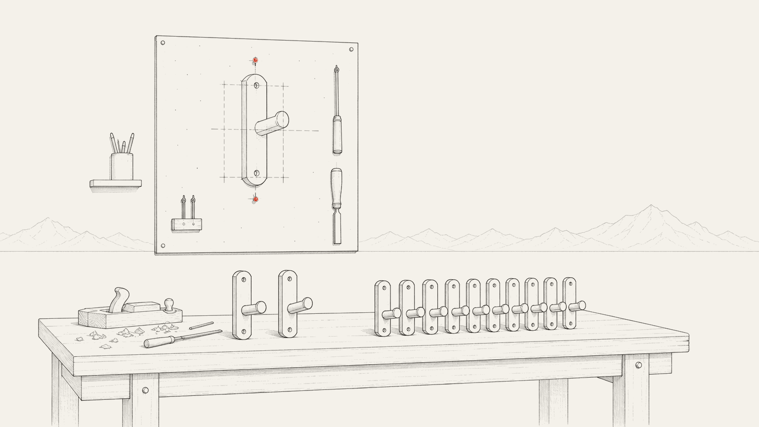 A sketch pinned above a bench and, below it, the same object built once, then again, then a row of them ready to ship.