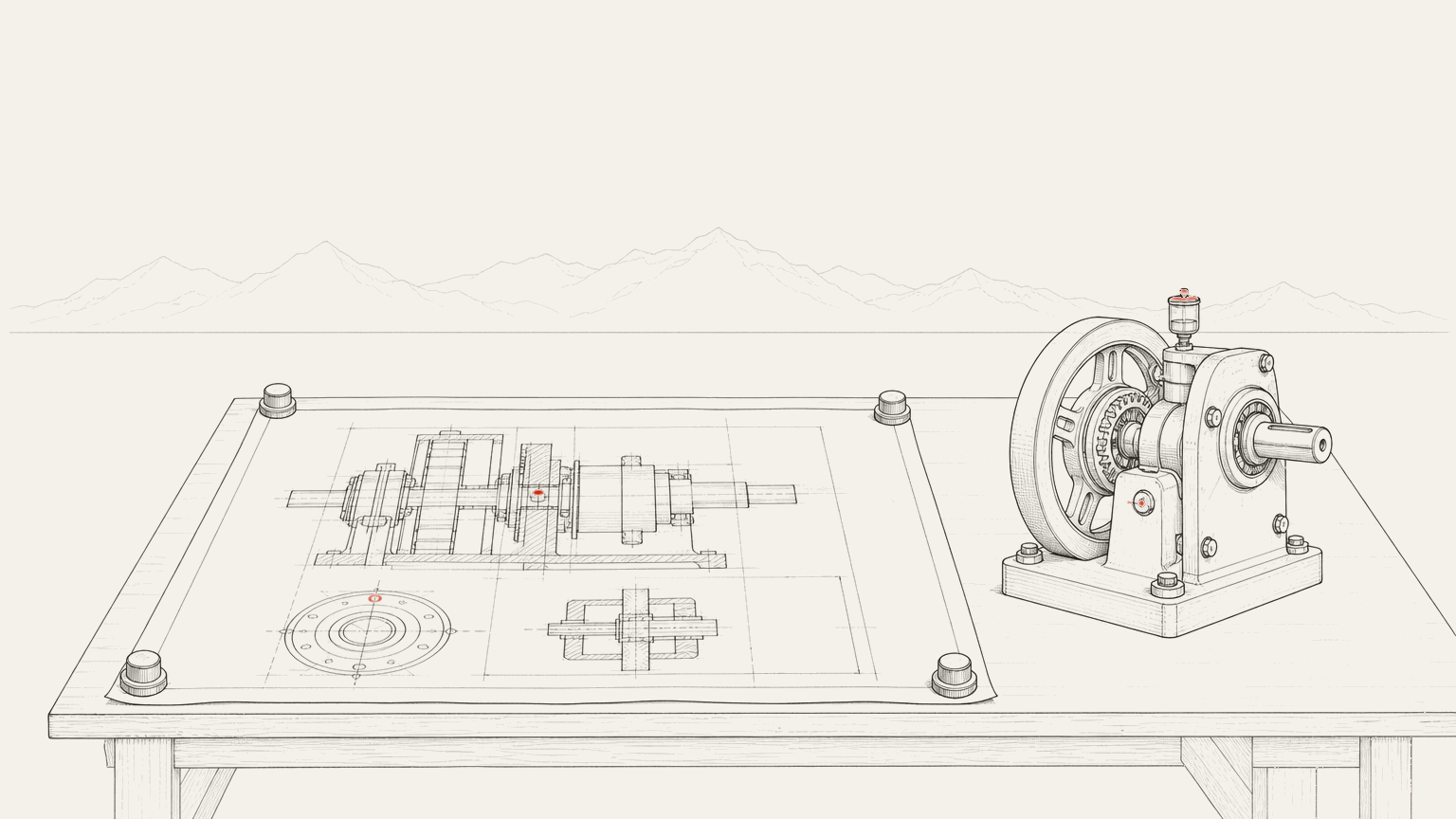 A technical plan unrolled on a drafting table, and beside it the finished mechanism the plan describes, assembled and standing.